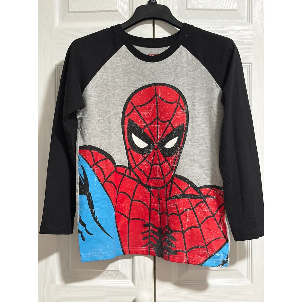 Marvel Spiderman Kids Raglan Baseball Tee Gray Black Long Sleeve Shirt 10/12